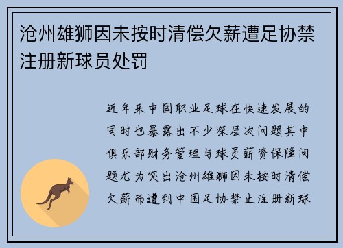 沧州雄狮因未按时清偿欠薪遭足协禁注册新球员处罚